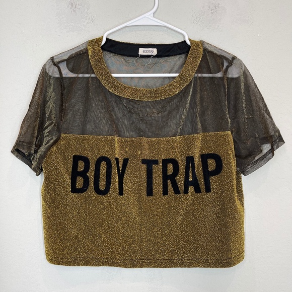 Essue Crop Top Women's L Gold Metallic Pullover Party Boy Trap Short Sleeve - Picture 1 of 12